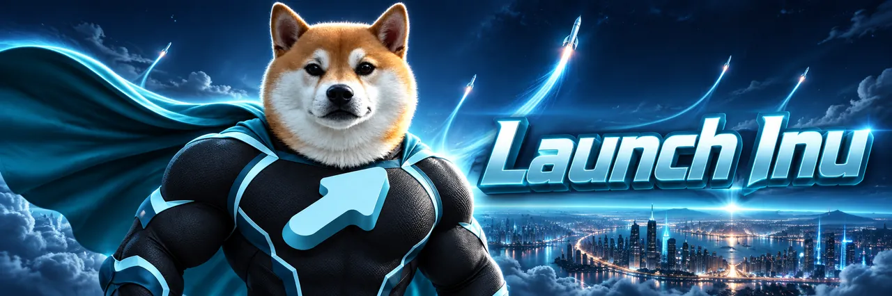 Launch Inu key art: the caped shiba with the Launch Inu wordmark and rockets over a night city